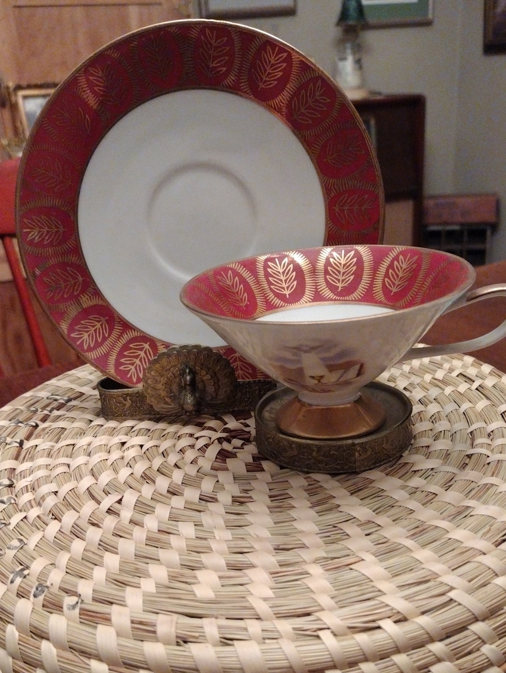 Royal Crown Derby Coral and Gold Tea Cup with Saucer